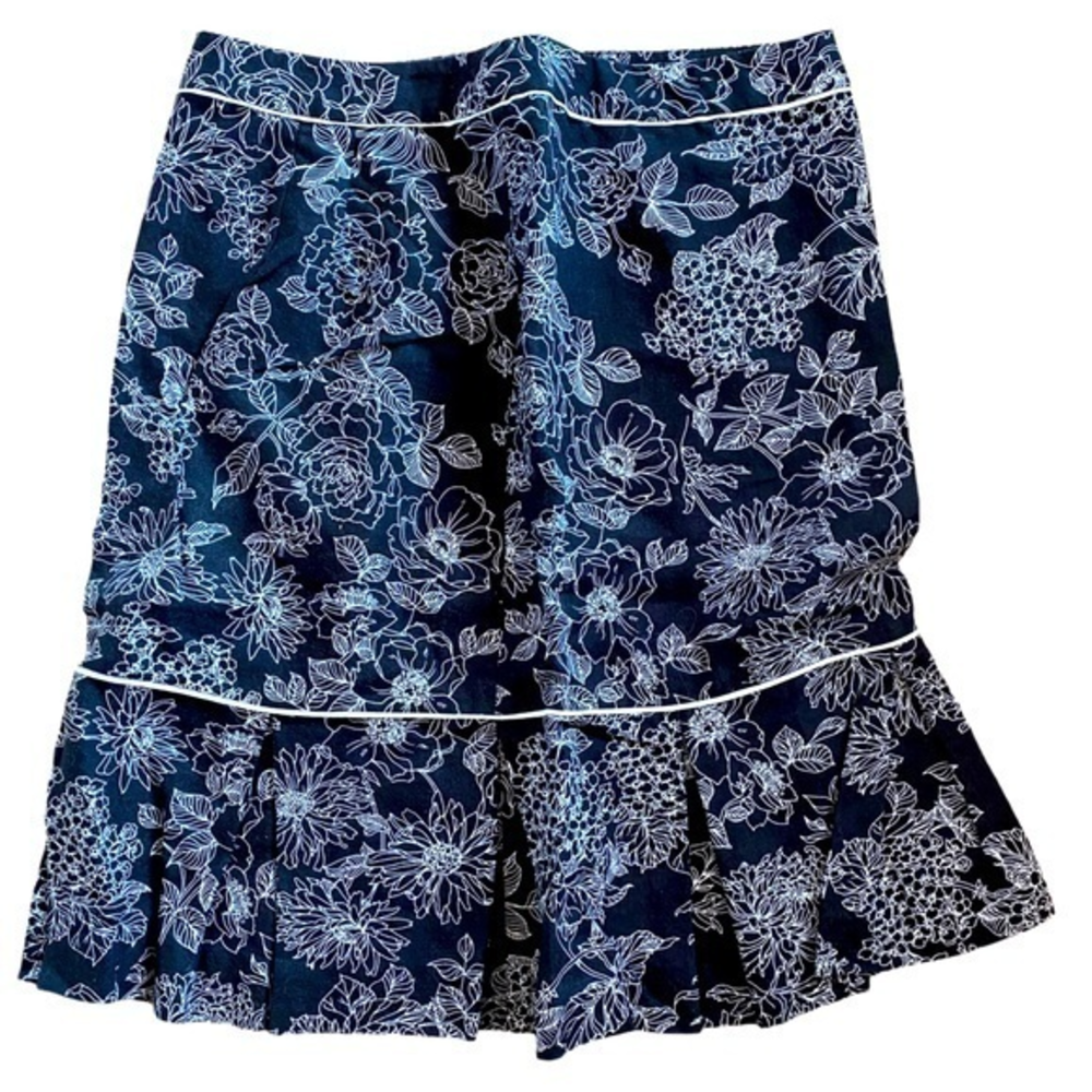 Ann Taylor Loft Skirt Linen Pleated Black White Floral Pattern Side Zip…‎